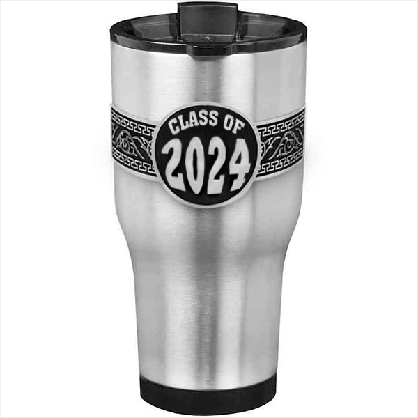 A customized tumbler made of stainless steel with a personalized engraved Class of 2024 lettering, 30 oz, ideal for coffee or cool drinks